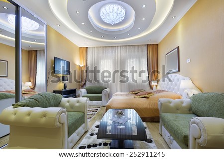 Luxury apartment interior with modern ceiling lights