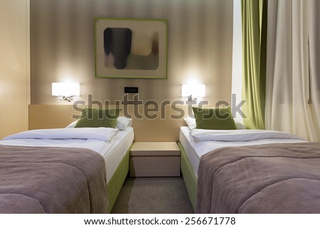 Double bed interior in the evening