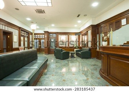 Shiny Interior of a hotel lobby with reception desk