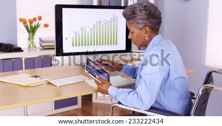 Disabled black businesswoman working at desk