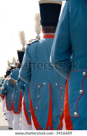 Marching military band in traditional uniform