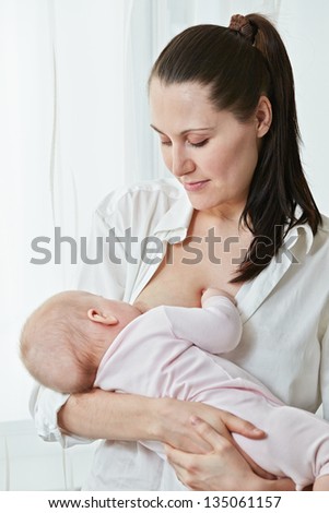 Mother nurse her child on white background
