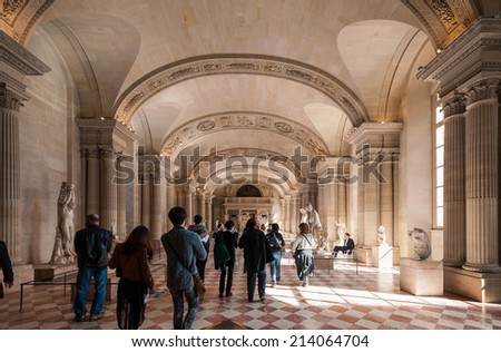 PARIS, FRANCE - APRIL 14 2013: Inside the Louvre Museum.The museum is one of the world\'s largest museums and a historic monument. A central landmark of Paris