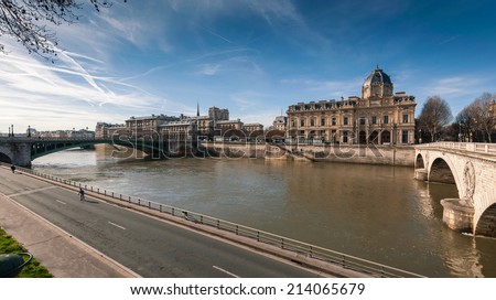 Seine river with pont notre dame and pont au change in Paris