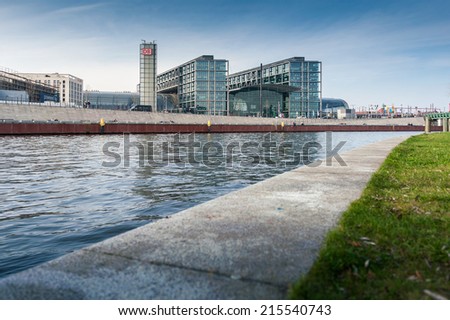 BERLIN - APRIL 16 2013 : The main railway station of Berlin (Hauptbahnhof - Lehrter Bahnhof)with river Spree.