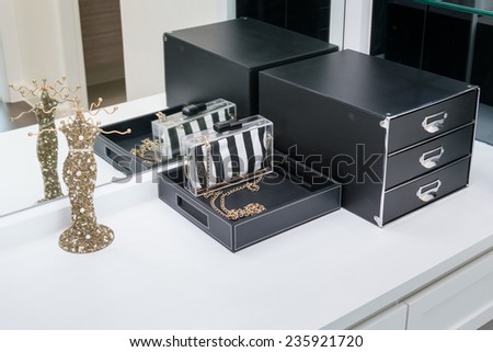 handbag ,jewelry and makeup box on a dressing table