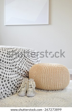 girl shoes on white carpet in bedroom interior design with polka dot bed sheet