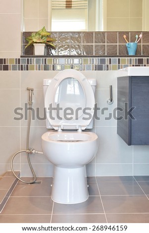 Water closet with hygienic hand spray in modern style toilet at home
