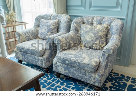 luxury living room interior with blue pattern pillows on sofa