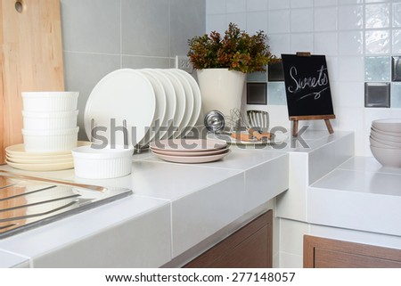 white clean counter in kitchen with utensil at home