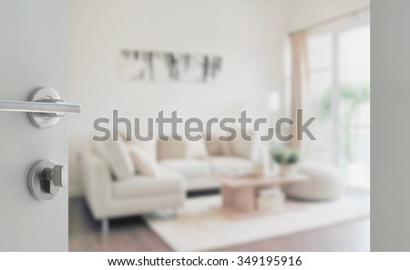 opened white door to modern living room interior