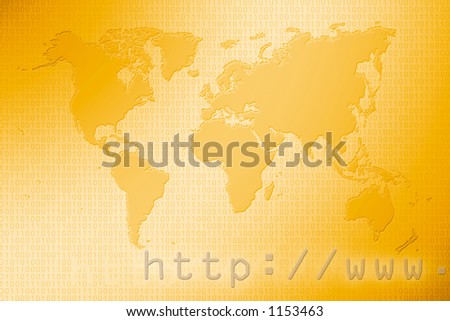 Communications world map on a binary code yellow background