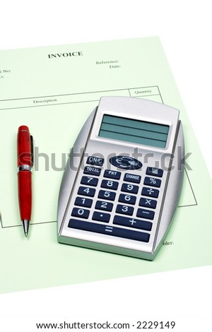 Blank invoice with pen and calculator on white background (small DOF)