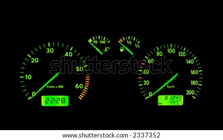 stock photo The green neon car dashboard over a black background