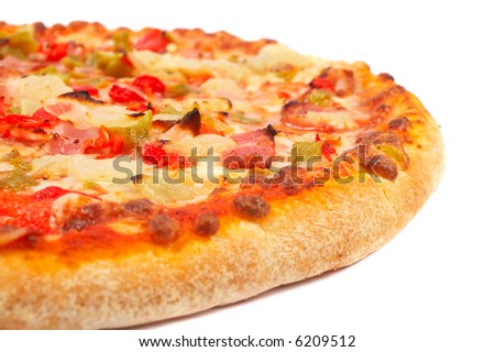 Tasty Italian pizza, isolated on white background. Shallow DOF