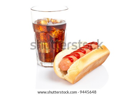 stock photo : A hot dog and soda glass reflected on white background.
