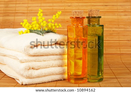 Bath accessories and beauty products on white background. Shallow depth of field