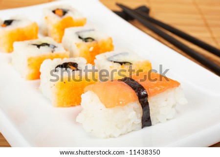 Sushi on the white plate and chopsticks on bamboo mat. Shallow depth of field