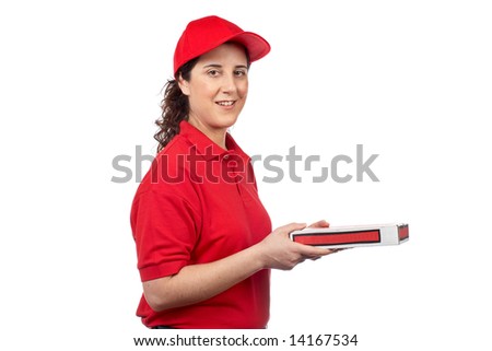 A pizza delivery woman holding a hot 