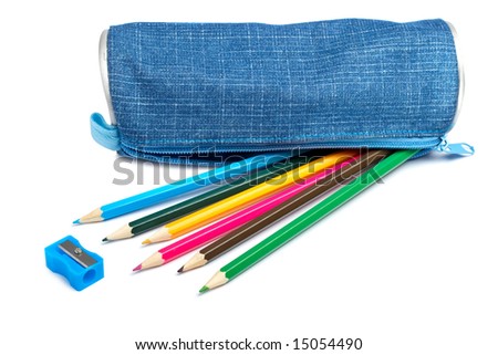 stock photo : A blue pencil case with school supplies on white background.