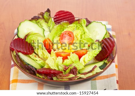 Mediterranean salad with lettuce tomatoes cucumber and beet. Shallow depth of field