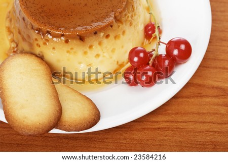 Vanilla cream caramel dessert with red currants and two cookies on white dish