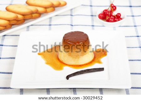 Vanilla cream caramel dessert and cookies on white dish. Shallow depth of field