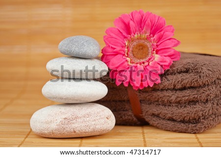 Stack of balanced stones and flower with shallow depth of field