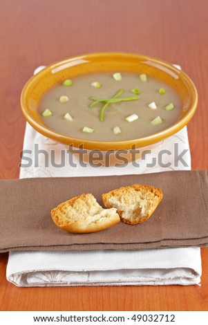 Cream of mushroom soup and bread croutons. Shallow depth of field