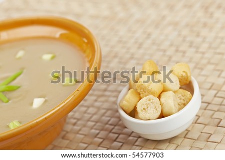 Cream of mushroom soup and bread croutons. Shallow depth of field