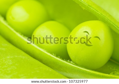 Macro close up of green pea pod with happy peas