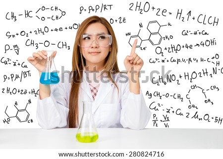 Beautiful Asian scientific researcher holding a liquid solution with science or chemistry formula on white background