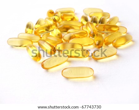 Omega 3 gel capsules on white background, Capsules of fish oil gel