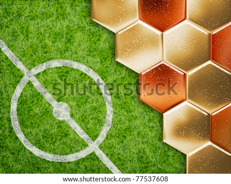Soccer field grass background with pattern of golden ball