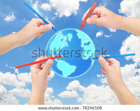 Hands drawing the world on the blue sky