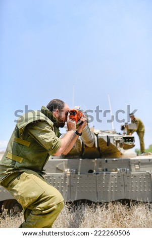 Gaza Strip/Israel -July 20th - Israeli tank commander set the gun sights with Boresight in July 20th 2014 in the fields around Gaza Strip during Israel -Hamas fighting
