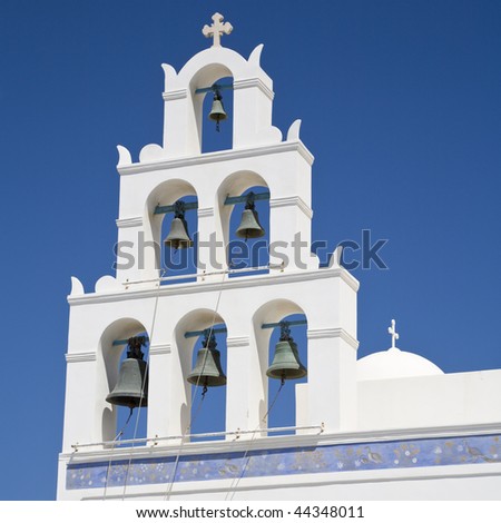 Typical white bell tower on the island of Santorini, Cyclades, Greece, Europe