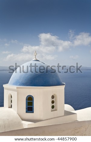 White church with blue dome, Santorini, Cyclades, Europe