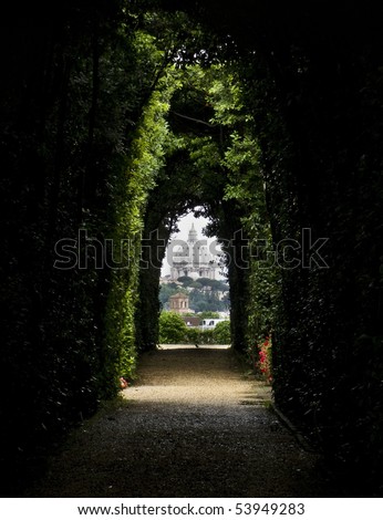 The dome of Saint Peters Basilica seen through the famous keyhole at the Villa Malta. Rome, Italy, Southern Europe