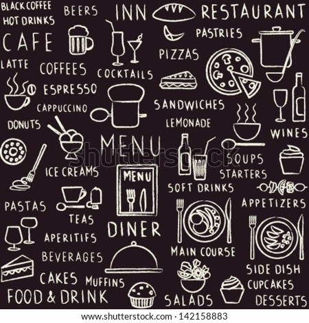 Vector Seamless Pattern Background With Hand Drawn Food, Drink And Restaurant Menu Elements On Blackbord