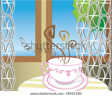 Espresso  Windows on Vintage Coffee Cup With Pink Ornaments In Front Of The Window  Stock