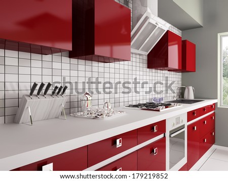 Modern red kitchen with sink gas stove interior 3d Modern red kitchen with sink gas stove interior 3d