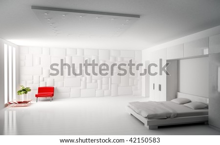Modern White Bedroom With Red Armchair Interior 3d Rend