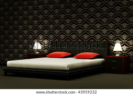 Damask Wallpaper on Bedroom With Damask Wallpaper Interior 3d Render Stock Photo 43959232
