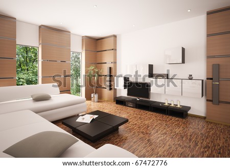 Modern living room with white sofa black table and LCD interior 3d 