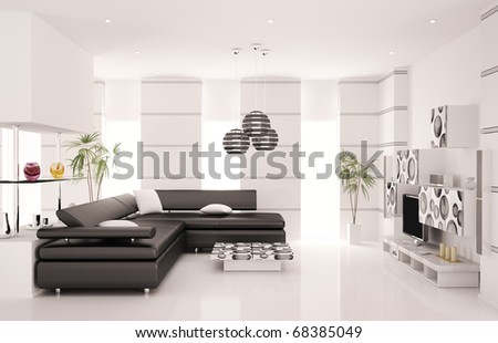 Modern Living Room Interior on Modern Living Room With Black Sofa And Lcd Interior 3d Render   Stock