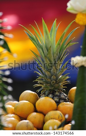 Set of fresh tropical fruits: orange, pineapple in ritual ceremony on Red yellow blue background