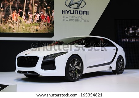 NONTHABURI, THAILAND - NOVEMBER 29:The Hyundai HND-6 (Blue2) Fuel cell electric vehicle is on display at the 30th Thailand International Motor Expo 2013 on November 29, 2013 in Nonthaburi, Thailand.