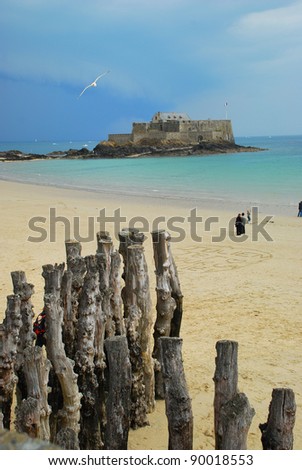 Fort National in the evening in St Malo, Brittany, France, Beautiful sand and bird during low tide