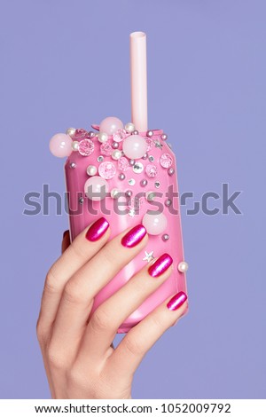 Pink Nails. Woman With Soda Can In Hands On Purple Violet Background. Close Up Of Female Hands WIth Bright Manicure Holding Pink Soda Can With Beads. Nails Design. High Quality Image.